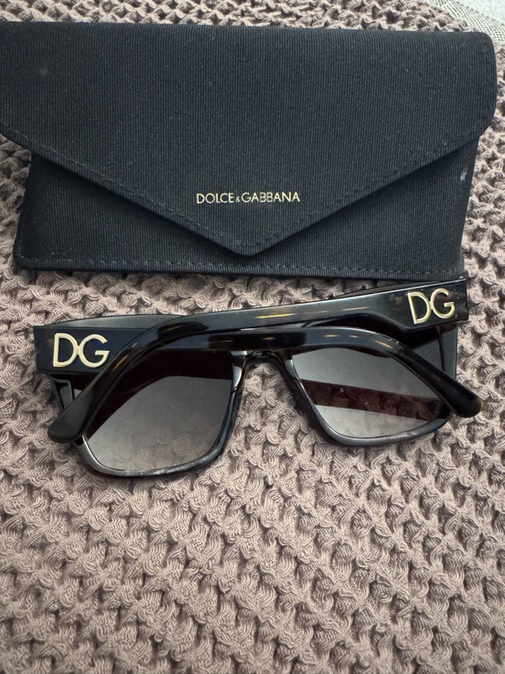 Dolce & Gabbana Black Rectangular Sunglasses with Gold DG Logos